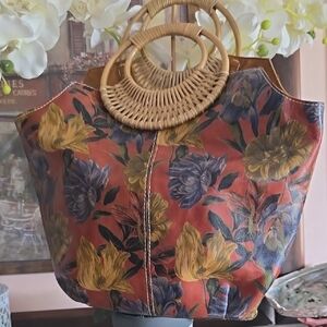 Patricia NashFloral Print Tote Bag with Bamboo Handles